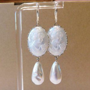 Handmade White Cameo Drop Earrings - New